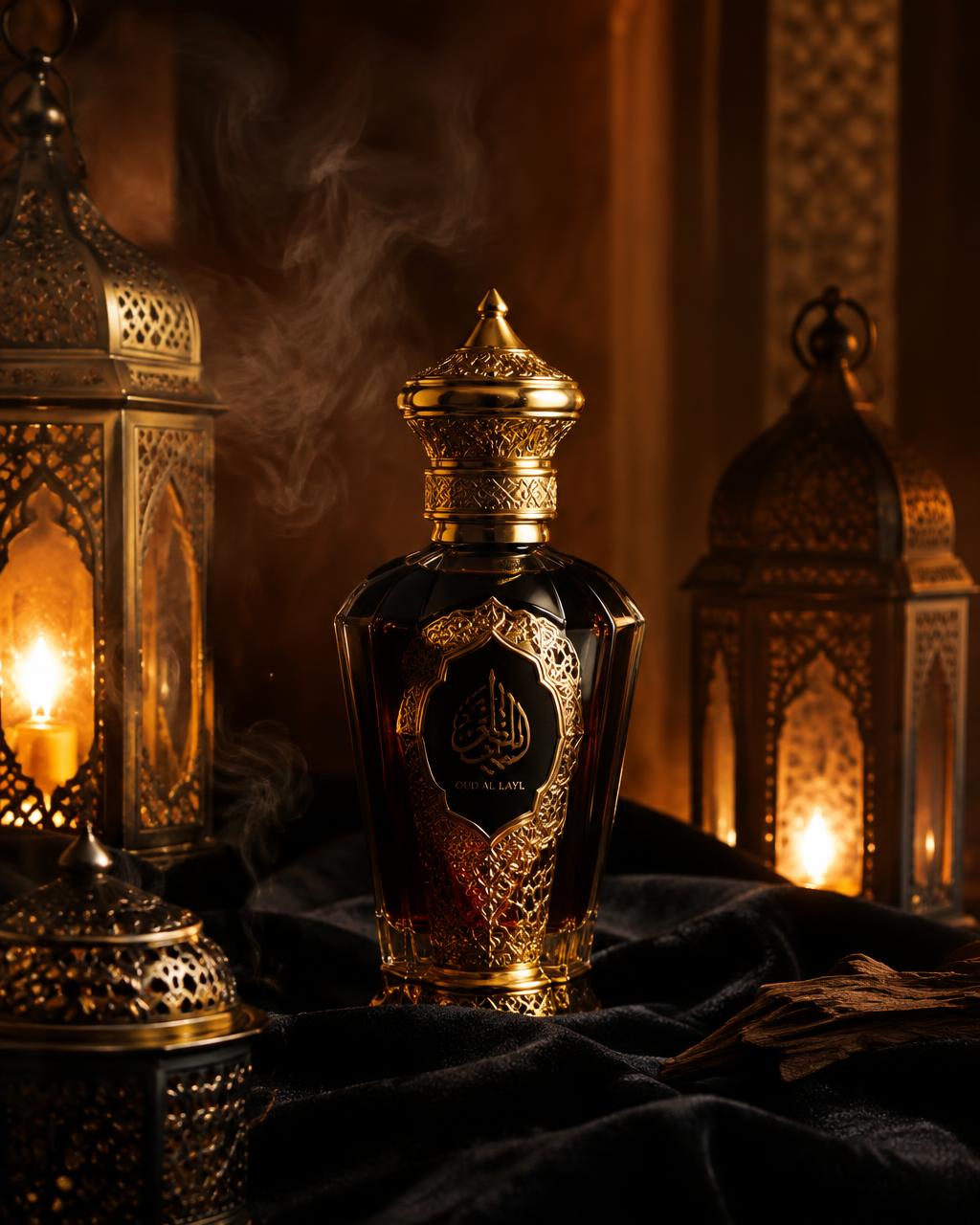 Frasco de perfume árabe dourado entre lanternas